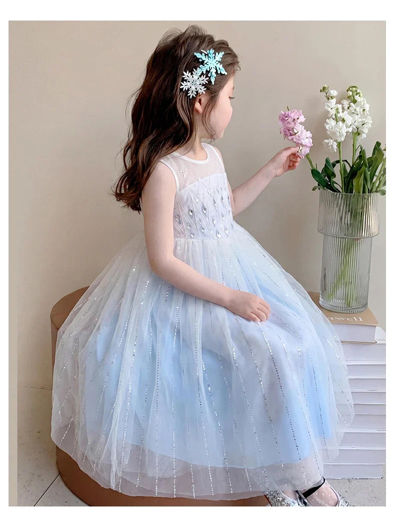 Elsa Princess Dress w/ Cape 2026 New Summer Frozen Cosplay Dresses for Little Girls Birthday Party Sleeveless Mesh Evening Dress