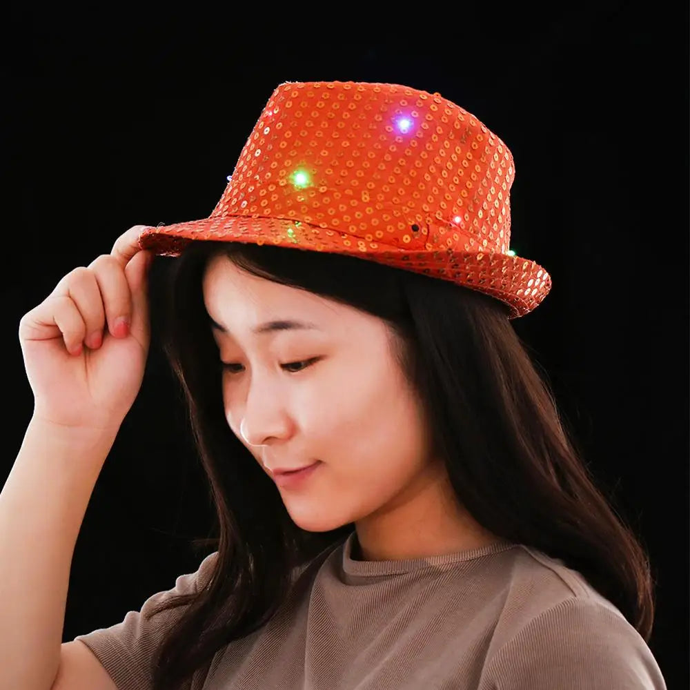 Unisex Light Up Flashing Led Fedora Trilby Jazz Hat Panama Cap Sequin