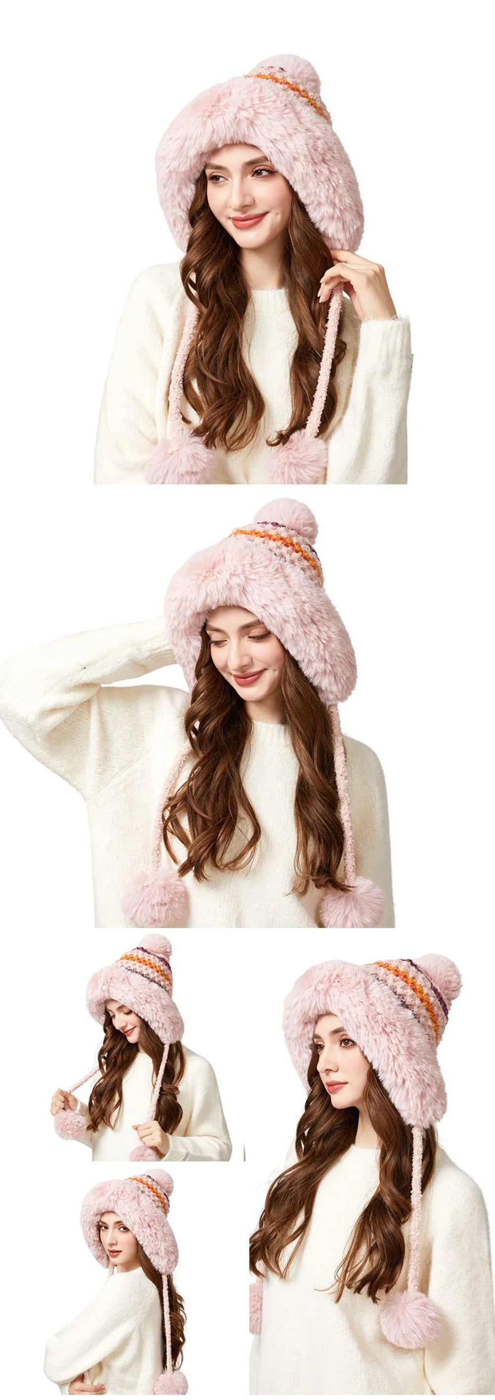 Three Pompoms Skullies Beanies Thick Warm Winter Hat Women Russian Fur Hat Ladies Knitted Hat Female Snow Ski Earflap Cap