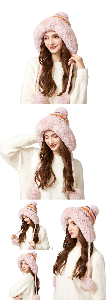 Three Pompoms Skullies Beanies Thick Warm Winter Hat Women Russian Fur Hat Ladies Knitted Hat Female Snow Ski Earflap Cap