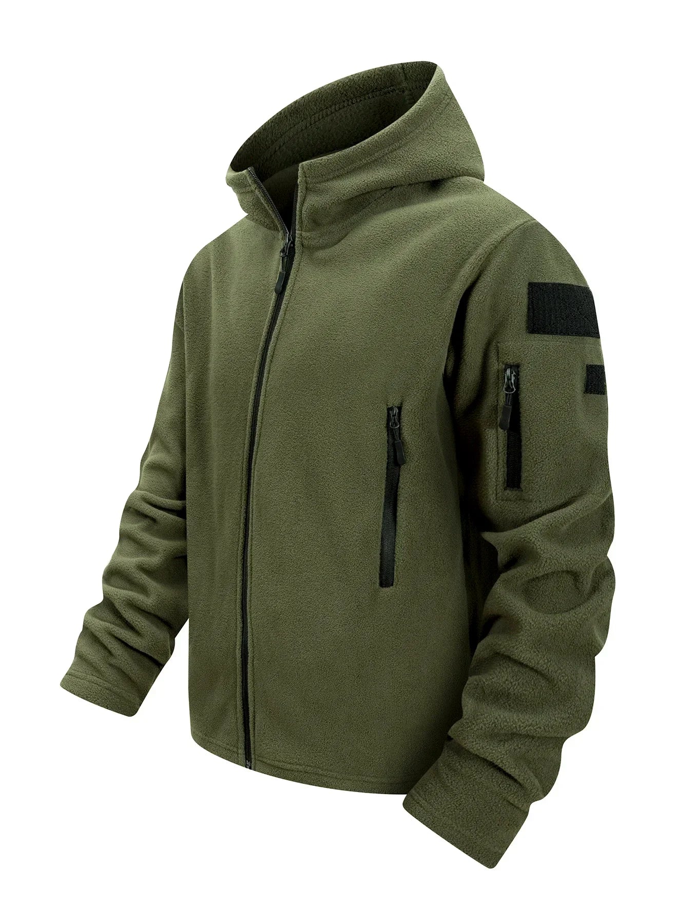 Men's Hiking Tactical Fleece Full Zip Hooded Jacket Multi-Zipper Pockets Design Autumn Winter Warm Outdoor Sports Coat for Men