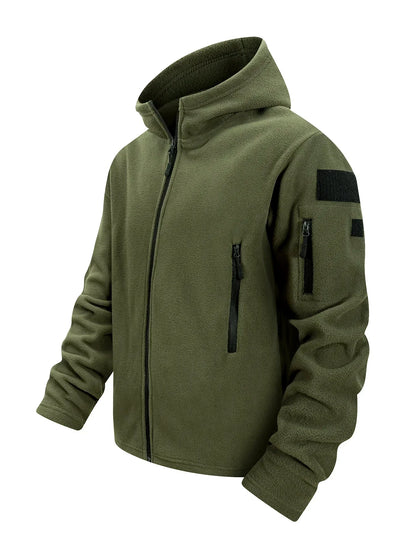 Men's Hiking Tactical Fleece Full Zip Hooded Jacket Multi-Zipper Pockets Design Autumn Winter Warm Outdoor Sports Coat for Men