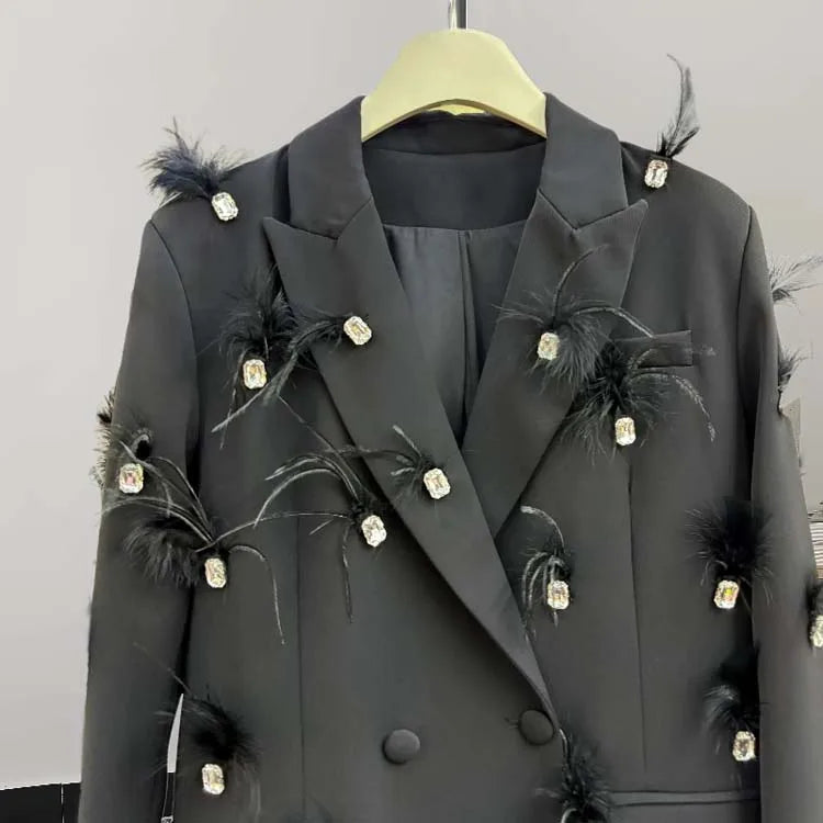 Luxury feather Faux diamond blazer Women 2025 New Double breasted rhinestones jacket High quality Loose Lady suit INKEO 4O089