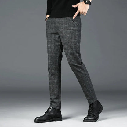 Autumn New Men's Plaid Striped Business Casual Pants Classic Fashionable Straight Elastic Casual Trousers Black Gray Male