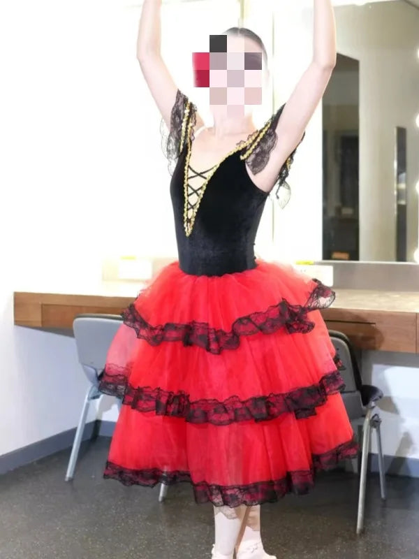 Professional Ballet Romantic Tutu Long Skirt Black Red Spain Dress Girls Adult Children's Performance Ballet Clothes For Women