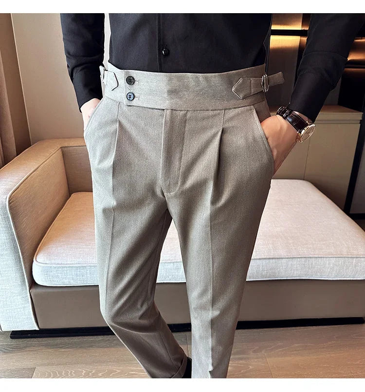Autumn Winter High Waist Business Dress Pants Men Casual Belt Design Slim Suit Pants Formal Wedding Social Party Male Trousers
