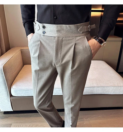 Autumn Winter High Waist Business Dress Pants Men Casual Belt Design Slim Suit Pants Formal Wedding Social Party Male Trousers