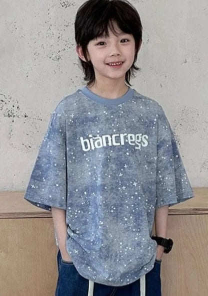 2026 New Boys' Summer Starry Sky Tie Dye Short Sleeve T-Shirt Pure Cotton Stylish Boys' Tops Trendy Summer Wear