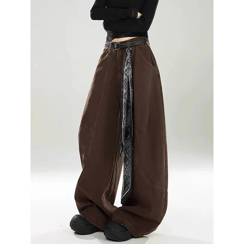 Women Brown Gothic Baggy Y2k Jeans Vintage Harajuku Gradient Jean Pants American 2000s Oversize Denim Trousers Autumn