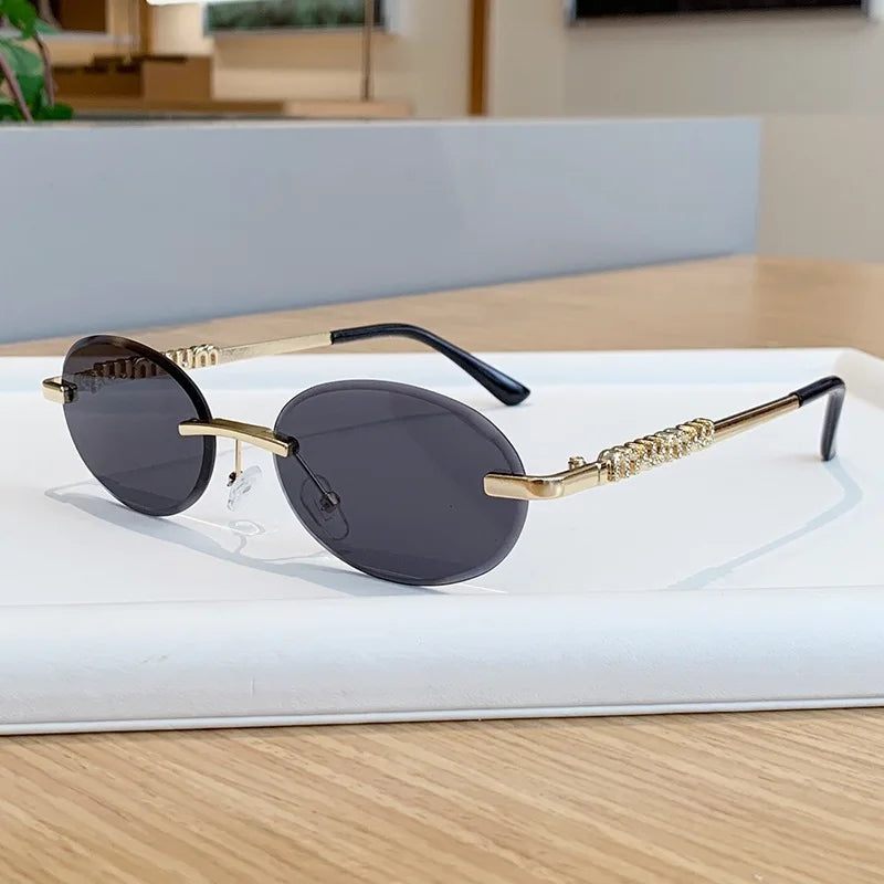 New Oval Rimless Sunglasses Women Luxury Fashion Narrow Sun Glasses Shades Trendy Elegant Diamond Eyewear Lentes De Sol Mujer