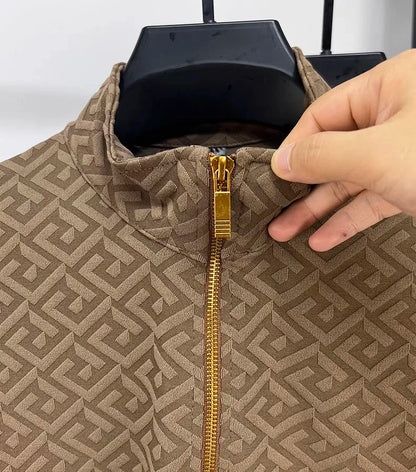 High end brand fashion jacquard long sleeve T-shirt men's casual sweater autumn trend Korean style half zipper collar pullover