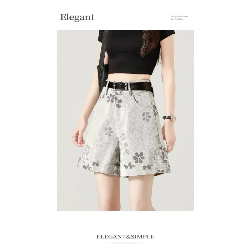 High Waist Floral Print Denim Shorts Women Roll Hem A Line Wide Leg Four Point Pants Summer