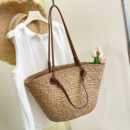 Summer Wicker Woven Basket Bags Rattan Women Handbags Handmade Summer Beach Straw Tote Bag Designer Shoulder Bag Khaki