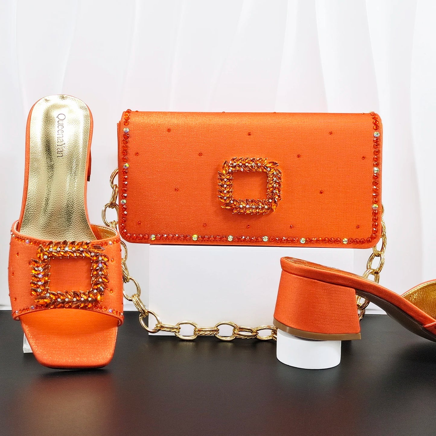 Elegant Itlian Desing Women's Heel Party Shoe and Bag Set Chic Orange Rhinestone Peep-Toe High Heel Sandals Perfect for Weddings