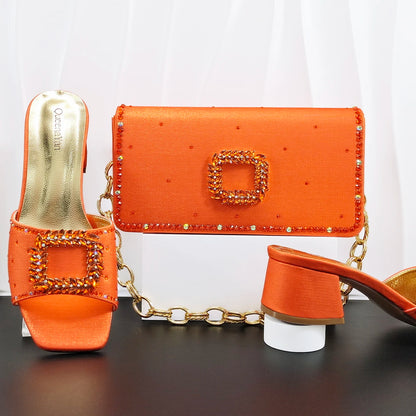 Elegant Itlian Desing Women's Heel Party Shoe and Bag Set Chic Orange Rhinestone Peep-Toe High Heel Sandals Perfect for Weddings