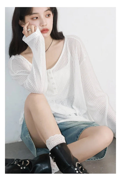 Women T-Shirts Casual Loose New Slightly Transparent O Neck Female Top Thin Sun Protection Tees Spring Summer 2025