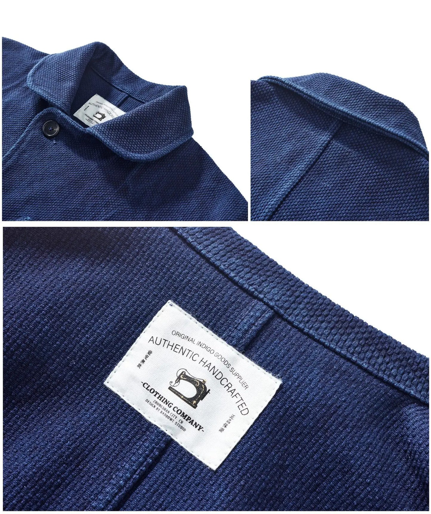 Heavy Weight Indigo Jacket Men Autumn Winter Vintage Workwear Tooling Jacket Blue Dyed Kendo Fabric Multi-pocket Cardgian Coat