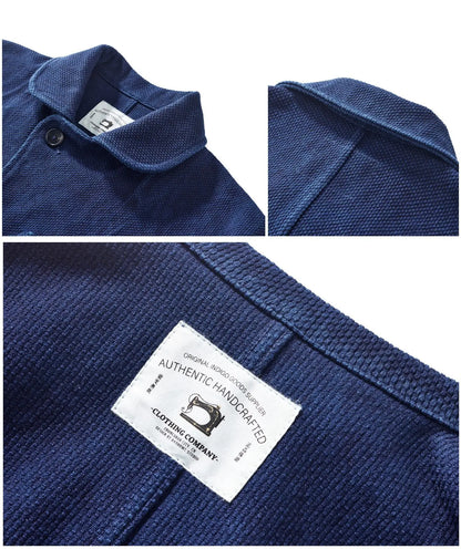 Heavy Weight Indigo Jacket Men Autumn Winter Vintage Workwear Tooling Jacket Blue Dyed Kendo Fabric Multi-pocket Cardgian Coat