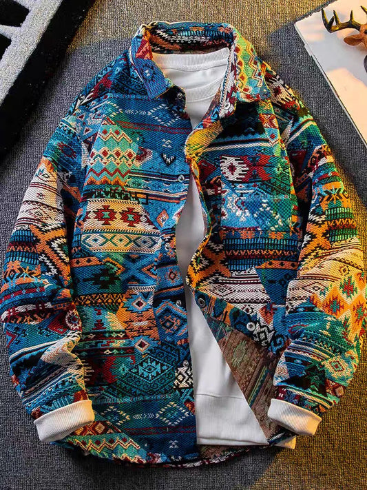 Spring and autumn new ethnic style printed long-sleeve jacket for men, high-end stylish trendy jacket