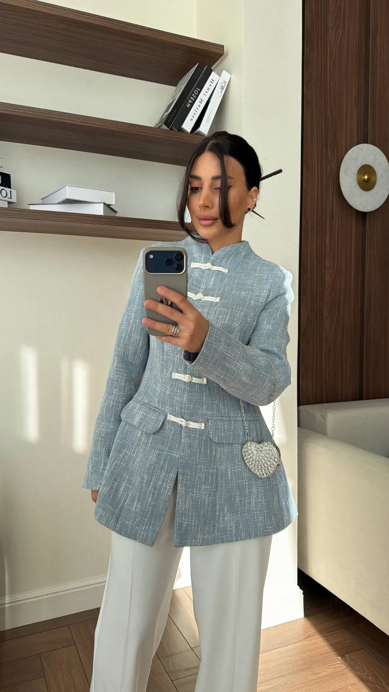 Women's Spring Summer Mandarin Collar Frog Button Tweed Fitted Blazer Elegant Casual Office Wear 2026 Trendy Fashion Blazer