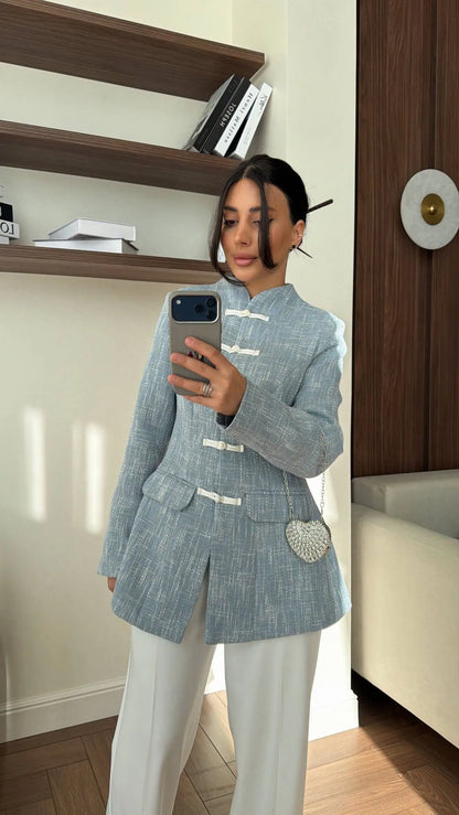 Women's Spring Summer Mandarin Collar Frog Button Tweed Fitted Blazer Elegant Casual Office Wear 2026 Trendy Fashion Blazer