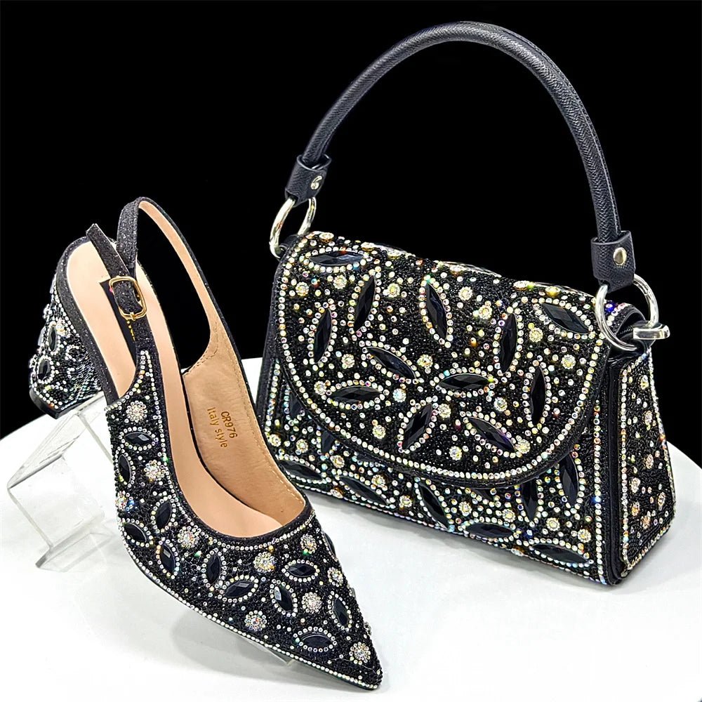 2025 Newest INS Style Black Color Elegant High Heels Nigeria Popular Design African Ladies Shoes And Bag Set For Party