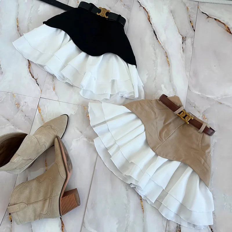 Denim Cake Skirt Women A Line Short Skirts High Waist Ruffles Elegant Splice Y2k Streetwear Party Pleated Slim Fit 2025 Spring