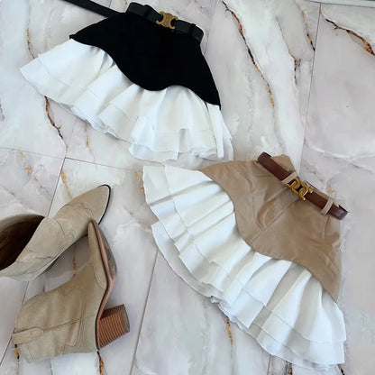 Denim Cake Skirt Women A Line Short Skirts High Waist Ruffles Elegant Splice Y2k Streetwear Party Pleated Slim Fit 2025 Spring