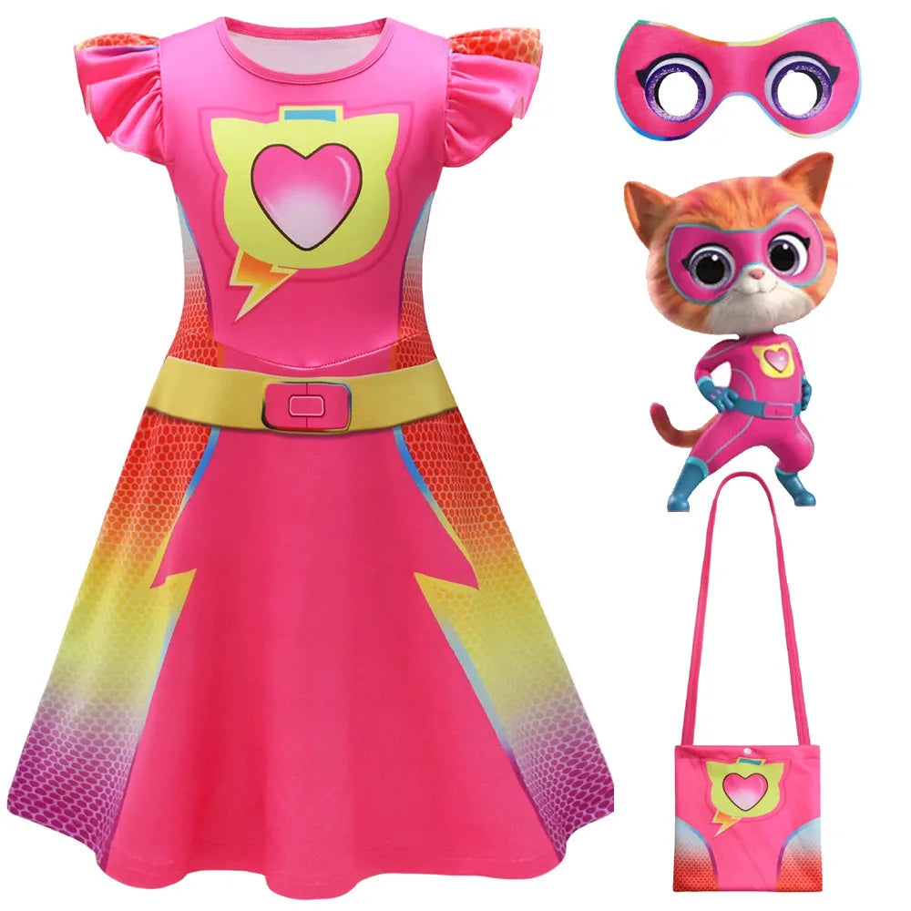 Children's SuperKitties Dresses Super Kitties Cosplay Costume Girls Flying Sleeves A-Line Dress Bag Mask Carnival Birthday Gift