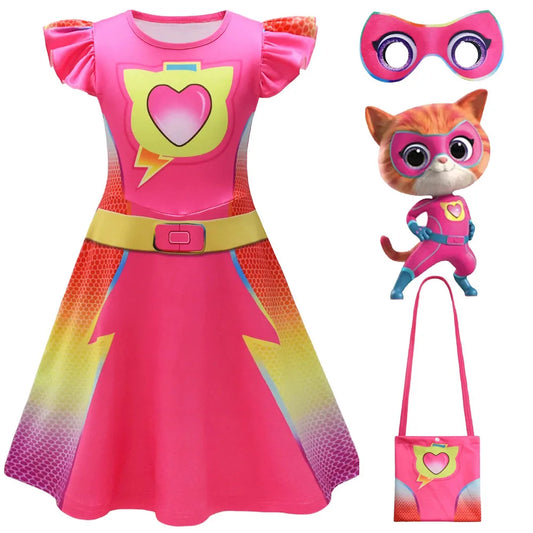 Children's SuperKitties Dresses Super Kitties Cosplay Costume Girls Flying Sleeves A-Line Dress Bag Mask Carnival Birthday Gift