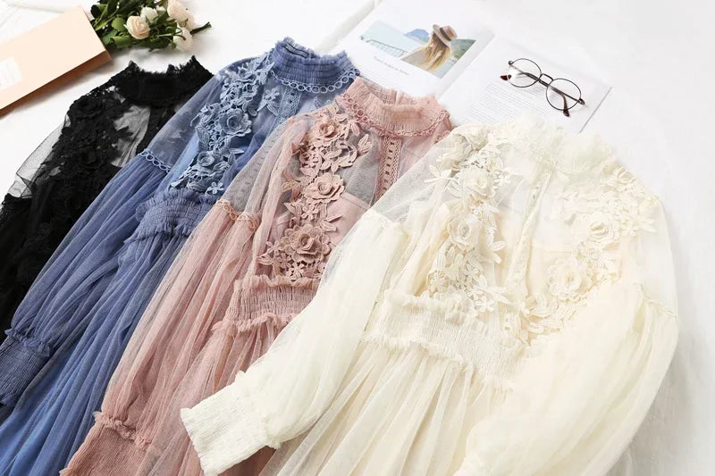 Lace Flower Mesh Summer Dress Women Lantern Sleeve White Casual Dresses Female Party Vintage Slim Women Dress 2 Piece Sets 12041