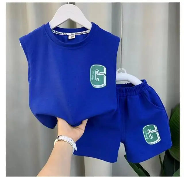 Summer Children Boys 2PCS Clothes Set Cotton Letter Bear Sleeveless Tops Tee Suit Thin Cool Sporty Shorts Kid Babys Boys Outfits