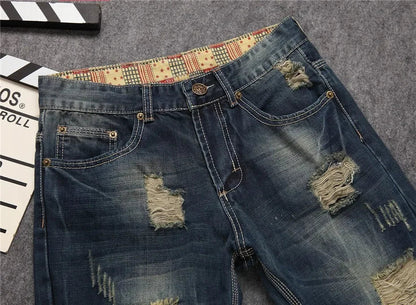 Men's Personalized Ripped Jeans Retro Distressed New Style Straight Slim Fit Casual High Street Fashion Denim Long Pants Male