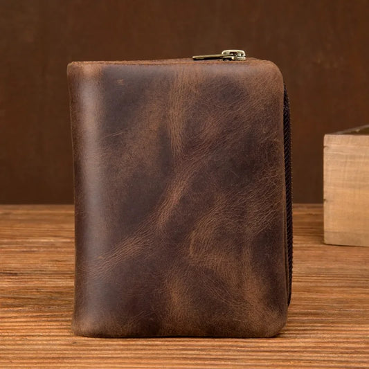 Portefeuille en cuir fait à la main "Crazy Horse" rétro vertical avec fermeture éclair, portefeuille simple vieilli en cuir de première couche pour homme