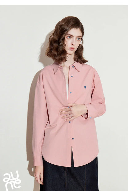 Women Blouse Shirt 2025 Spring New Love Embroidered Simple and Versatile Solid Color Pure Cotton Shirt Tops