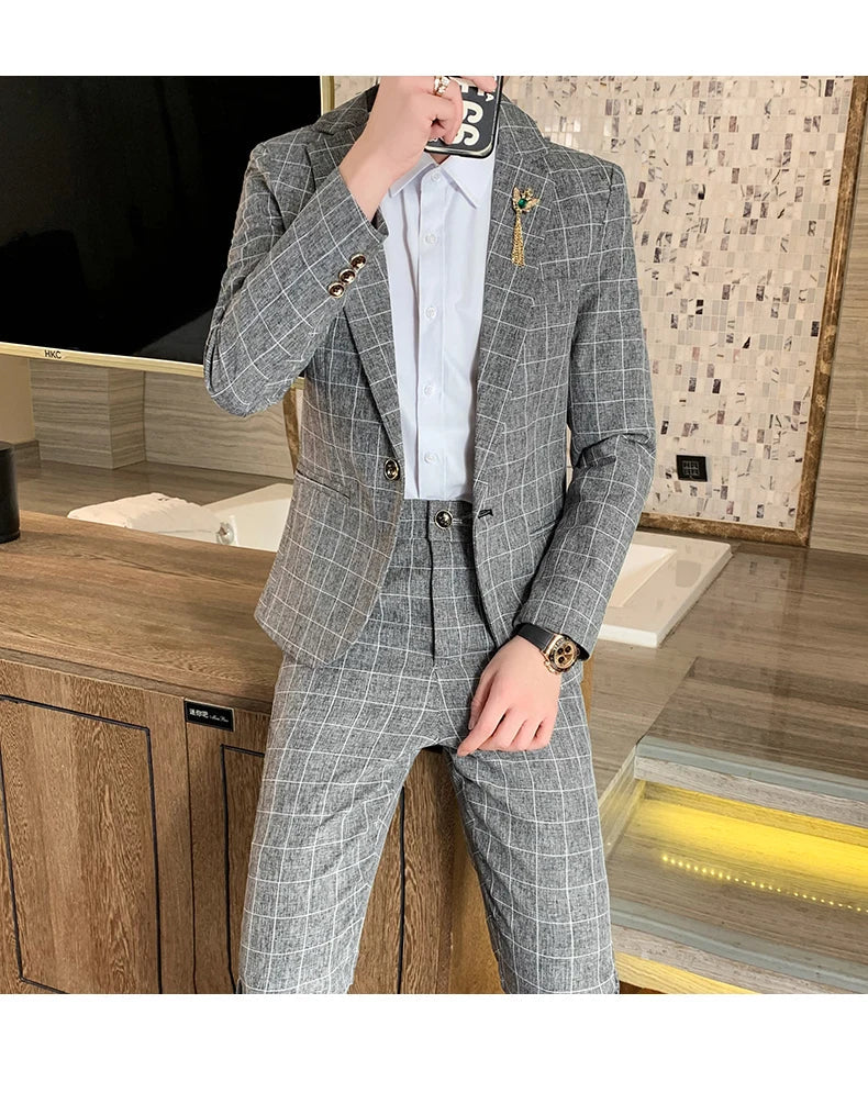 Autumn 2024 Men's Slim Fit Checkered Two-Piece Suit Korean Style Handsome Fashion Suit And Trousers Set