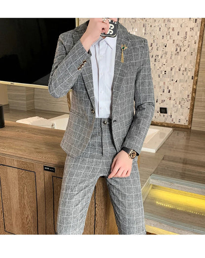 Autumn 2024 Men's Slim Fit Checkered Two-Piece Suit Korean Style Handsome Fashion Suit And Trousers Set