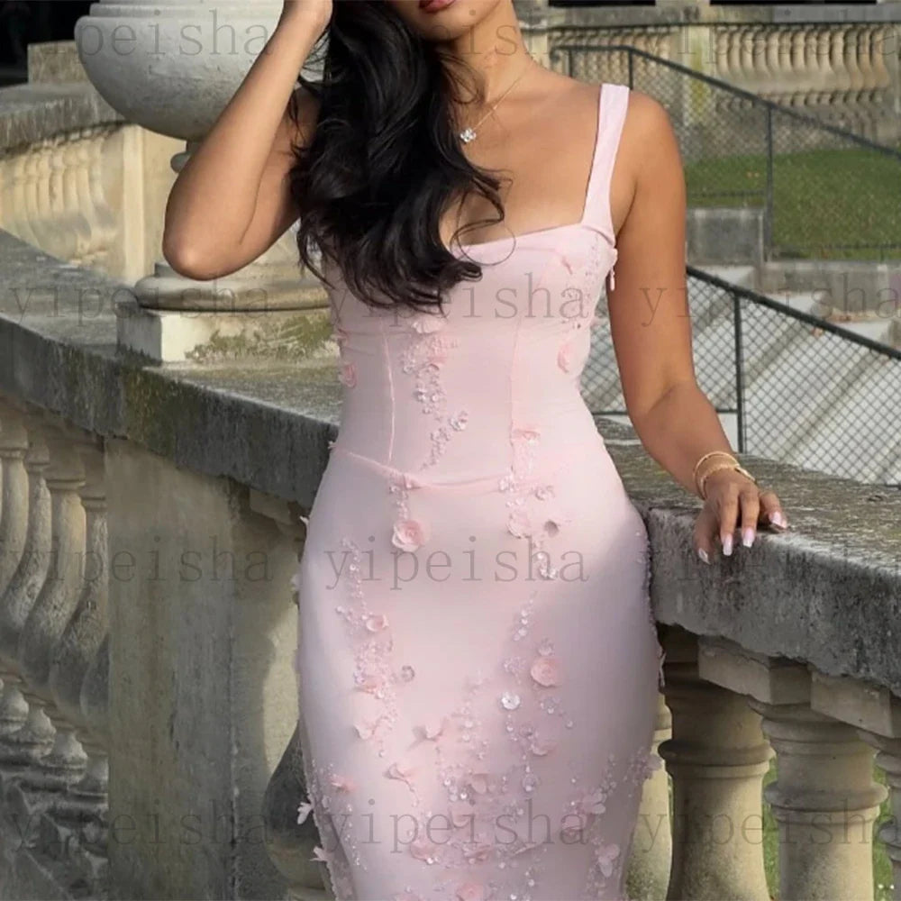 Customized square collar mermaid Evening Dresses spaghetti strap Party Dress 3D Flowers Sequined Lace Appliques Long Prom Gown