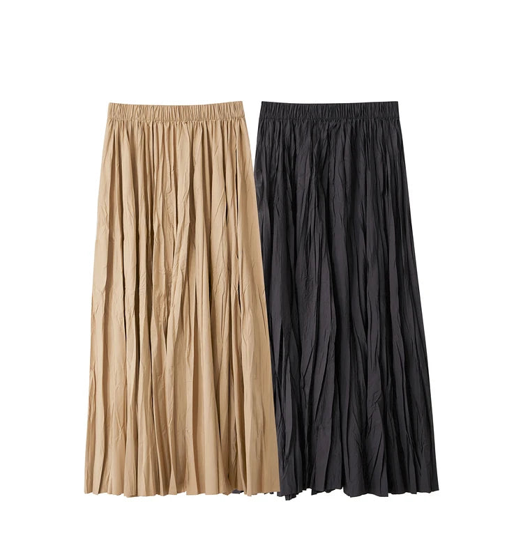 Minimalism Pleated A-Line Skirts Women 2024 Summer New Baiscs Rubber Band Waist Irregular Loose Large Hem Skirt 12442081