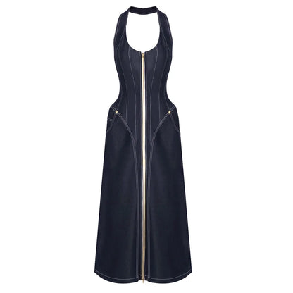 2025 New Women Celebrity Sexy Backless Halter Blue Zipper Denim Maxi Long Gowns Dress Elegant Evening Party Club Vestido
