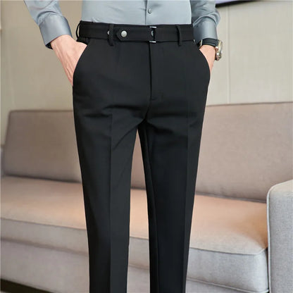 Fashion Belt Decoration Design Men's Suit Pants High Quality Business Slim Fit Casual Straight Formal Wedding Party Trousers