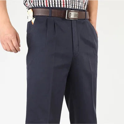 Double Pleated Straight Loose Casual Pants Men Classic Black Trousers High Waist Thick Autumn Cotton  Office Suit Pants 42 44 46