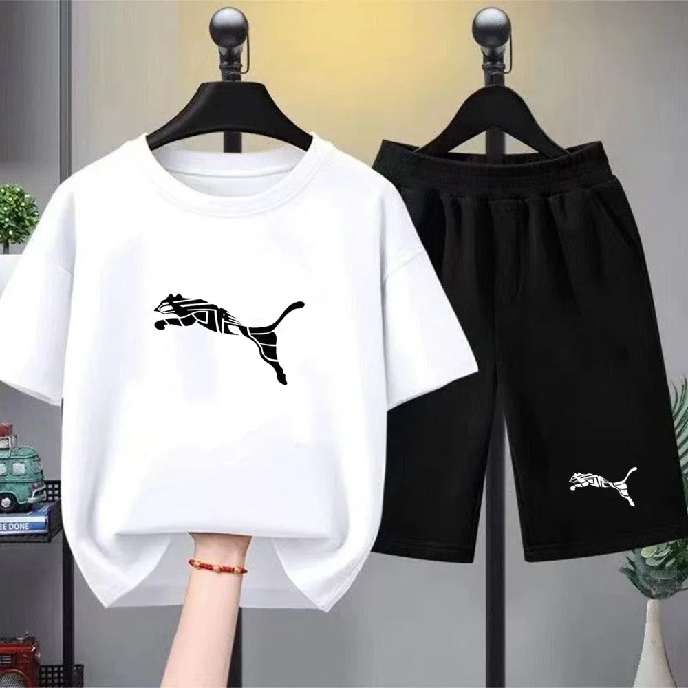 Kids White T-shirt+Shorts Two-Piece Set Print Boys Girls Toddler3-12Yrs Sports Casual Brand Clothes 2026 Summer