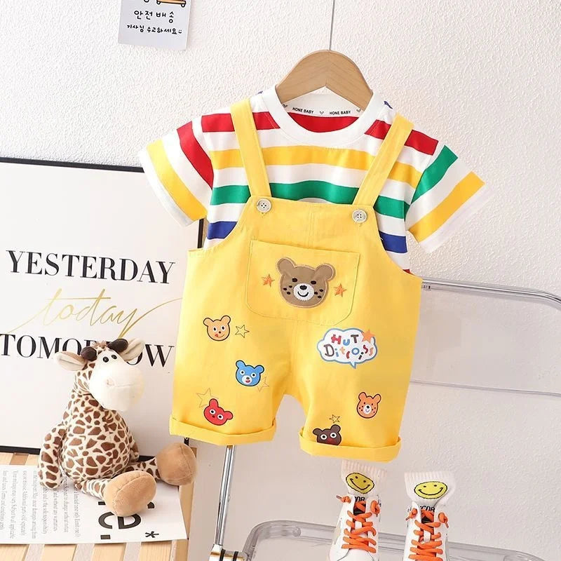 New Summer Baby Boys Fashion Striped T-Shirt Overalls 2Pcs/Set Toddler Girl Clothes Suit Children Casual Costume Kids Tracksuits