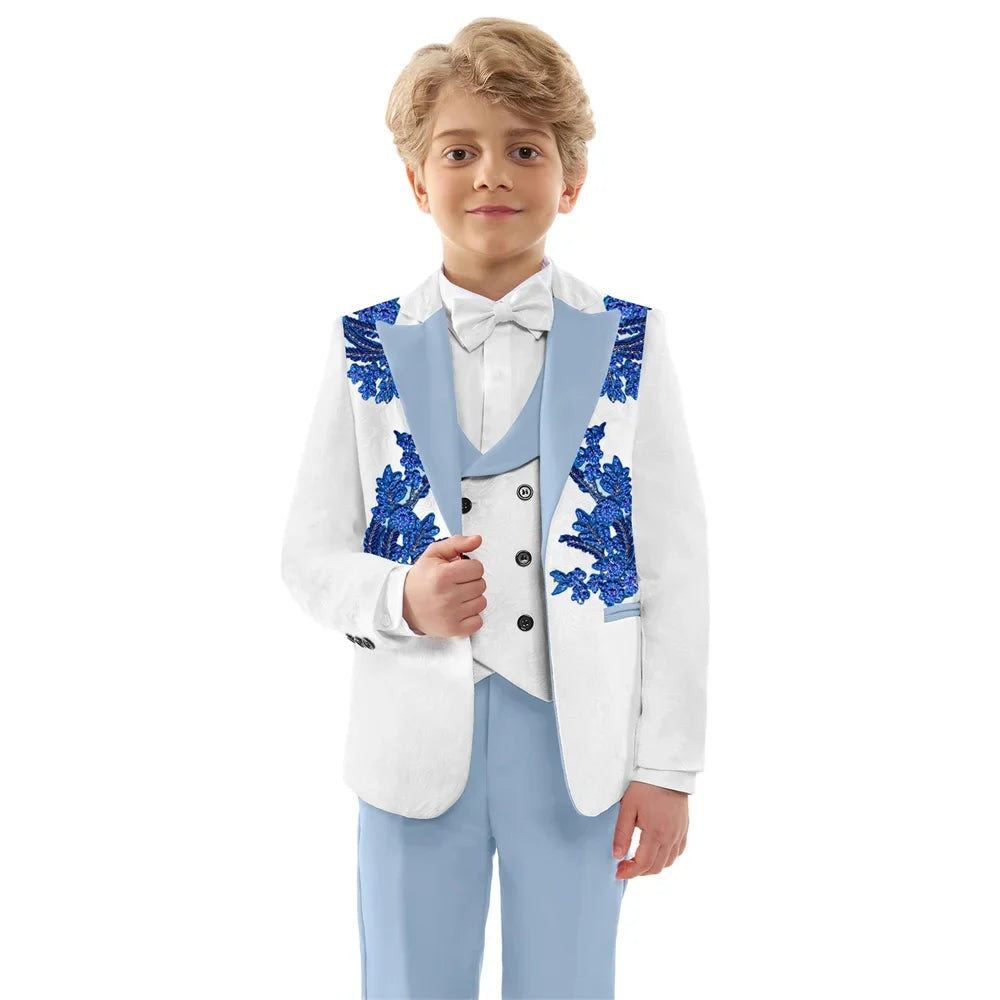 Hot Sale Boys Jacquard Suits 4 Pieces Wedding Ring Bearer Outfit Exquisite Slim Fit Suit Set For Kids School Performance Wear
