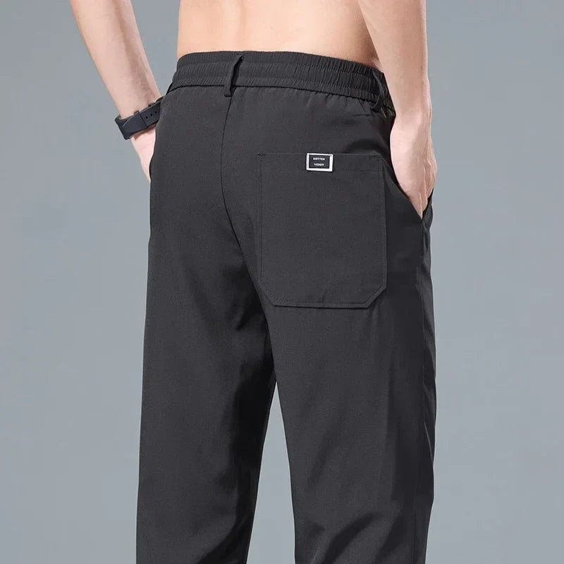 Men's Ice Silk Trousers Solid Color Korean Loose Breathable Straight-Leg Casual Pants Thin Quick-Drying Sports With Pockets
