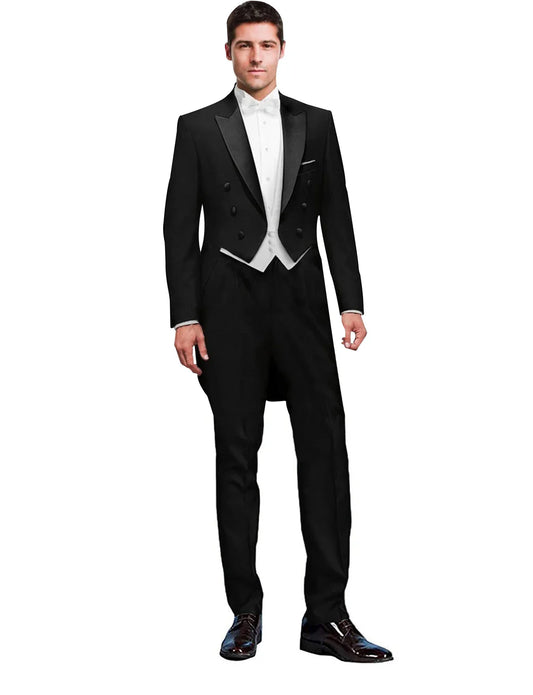 3 Piece Black Men Suit Wedding Groom Tuxedo Long Tailcoat Best Man Formal Prom Suit Fashion Costume Homme (Jacket+Vest+Pants)