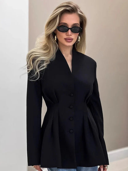 Elegant V-neck Tunics Black Suit 2026 Spring Women's Long Sleeve Single Breasted Slim Blazers Ruched Outerwear Streetwear