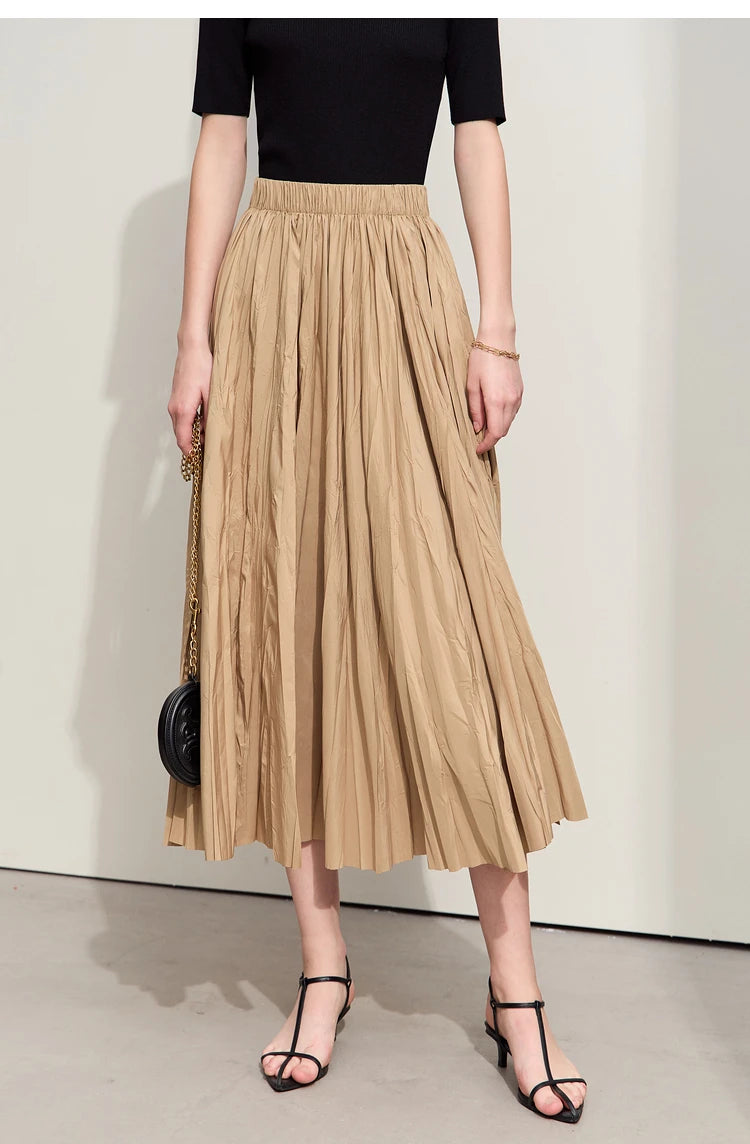 Minimalism Pleated A-Line Skirts Women 2024 Summer New Baiscs Rubber Band Waist Irregular Loose Large Hem Skirt 12442081