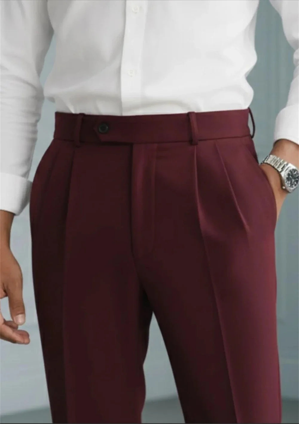 Vintage Men’s Burgundy High Waist Pleated Trousers Tailored Dress Pants with Side Adjusters Tailor Made